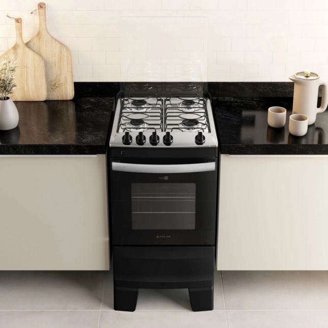 Fogão Atlas 4 bocas Steel Agile UP Mesa Inox Preto Bivolt