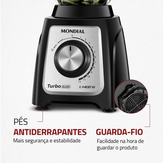 Liquidificador Mondial L-1400 GI Preto Turbo Glass Jarra De Vidro 1400w 110V