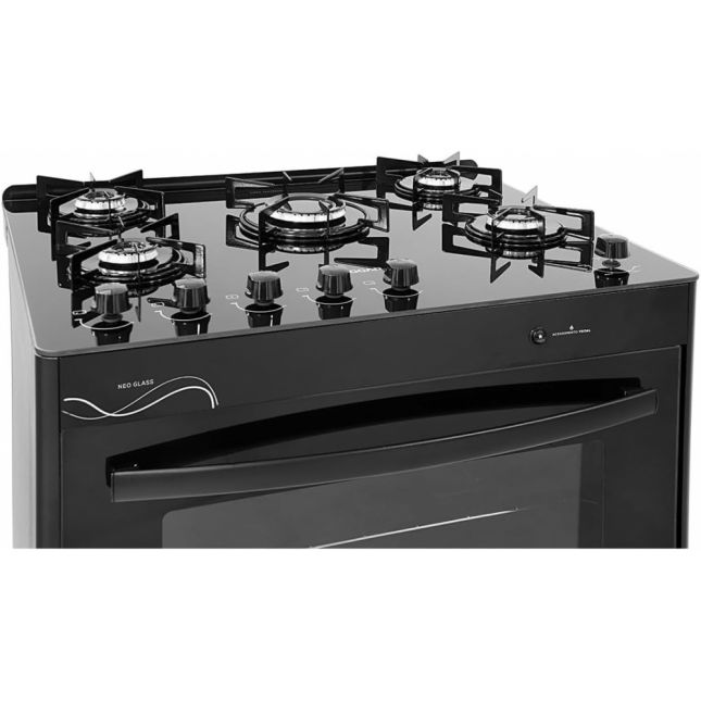 Fogão 5 Bocas Suggar Neo Glass Acend. Automático Preto Mesa de Vidro Bivolt 
