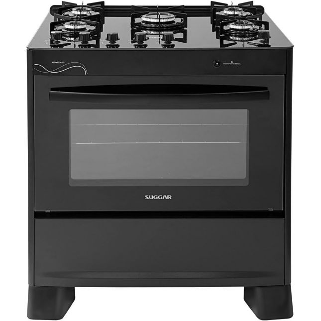 Fogão 5 Bocas Suggar Neo Glass Acend. Automático Preto Mesa de Vidro Bivolt 