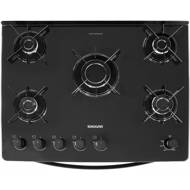 Fogão 5 Bocas Suggar Neo Glass Acend. Automático Preto Mesa de Vidro Bivolt 