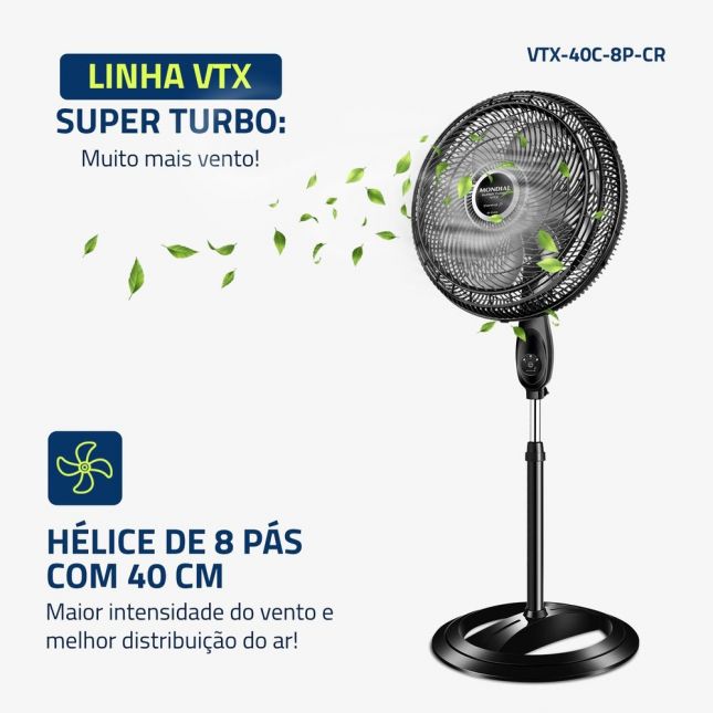 Ventilador de Coluna Mondial 40cm Controle Remoto VTX-40C 140W 8 Pás Turbo 110V 