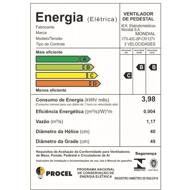 Ventilador de Coluna Mondial 40cm Controle Remoto VTX-40C 140W 8 Pás Turbo 110V 