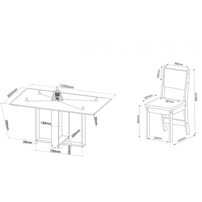 Mesa 4 cadeiras Milani 120x80 Sol Perola Mel/Off Vieiro