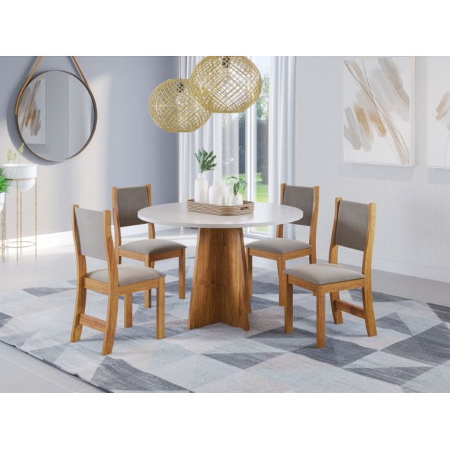 Mesa 4 cadeiras Slin Redonda 90x90 Sol Mel/Off White Viero