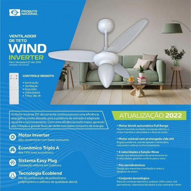 Ventilador Teto Wind Inverter C/Contr.Remoto Bivolt Branco - Ventisol