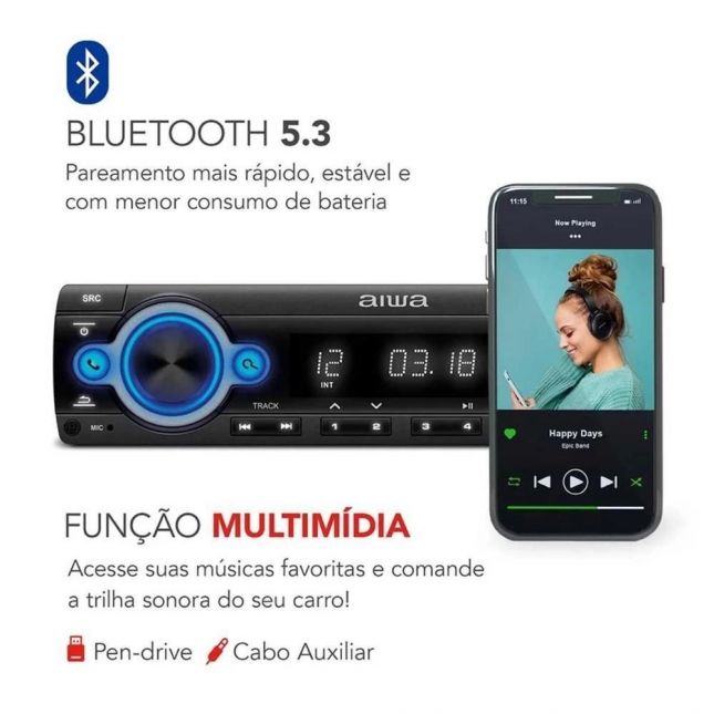 Som Automotivo Aiwa Bluetooth 100W Rms Aws-Ca-D-01 - Preto