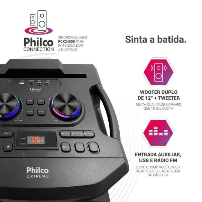 Caixa de Som Amplificada Flash Lights Philco 2400W Bivolt PCX24000