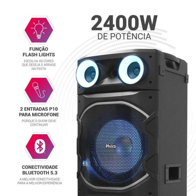 Caixa de Som Amplificada Flash Lights Philco 2400W Bivolt PCX24000