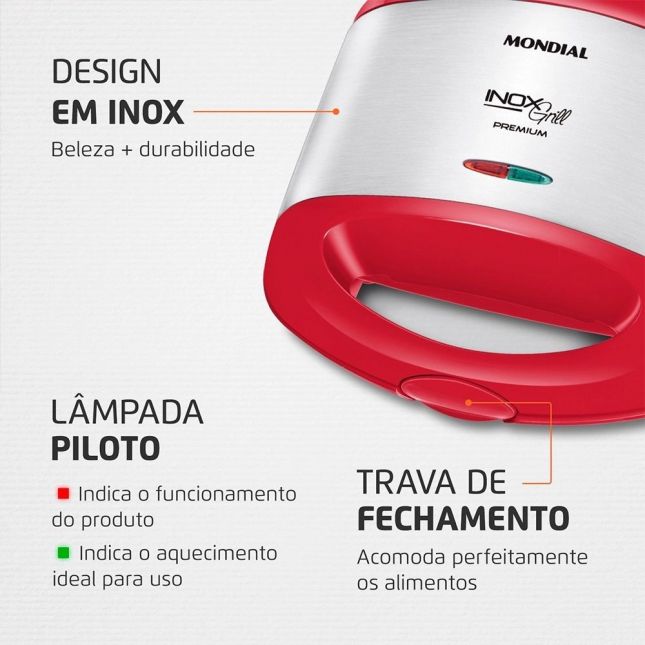 Sanduicheira e Grill Mondial Inox Red S-19 60Hz 800W 110V