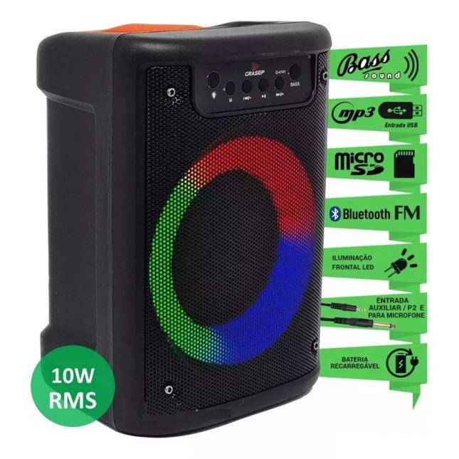 Caixa de Som Com Rádio FM 10W Luz LED RGB Bluetooth Entrada Microfone e Auxiliar D4141 - Grasep