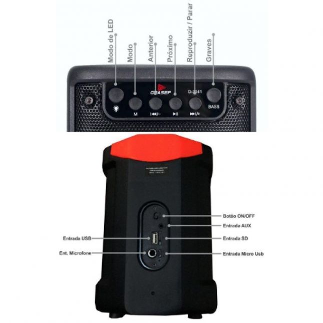 Caixa de Som Com Rádio FM 10W Luz LED RGB Bluetooth Entrada Microfone e Auxiliar D4141 - Grasep