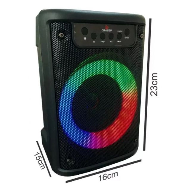 Caixa de Som Com Rádio FM 10W Luz LED RGB Bluetooth Entrada Microfone e Auxiliar D4141 - Grasep