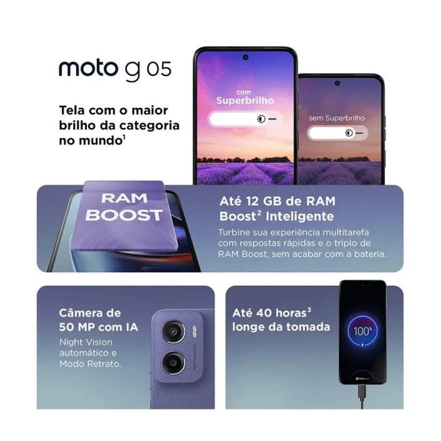 Smartphone Motorola Moto G05 Violeta 128/4+8GB  Camera 50MP com AI