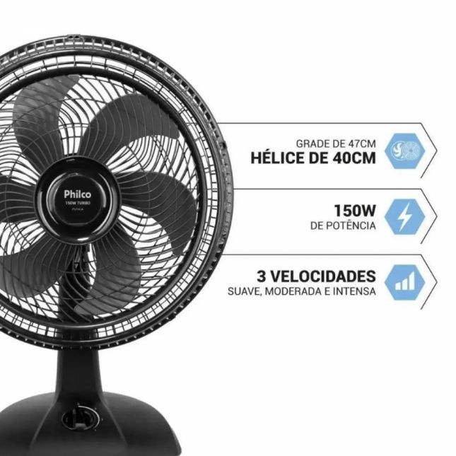 Ventilador de Mesa Philco PVT41A Preto 127v 150w 40cm 6 Pás 3 Velocidades