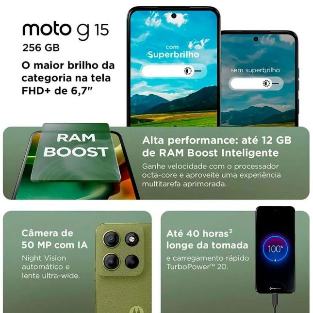 Smartphone Motorola Moto G15  Grafite  256/4+8GB Tela 6.7