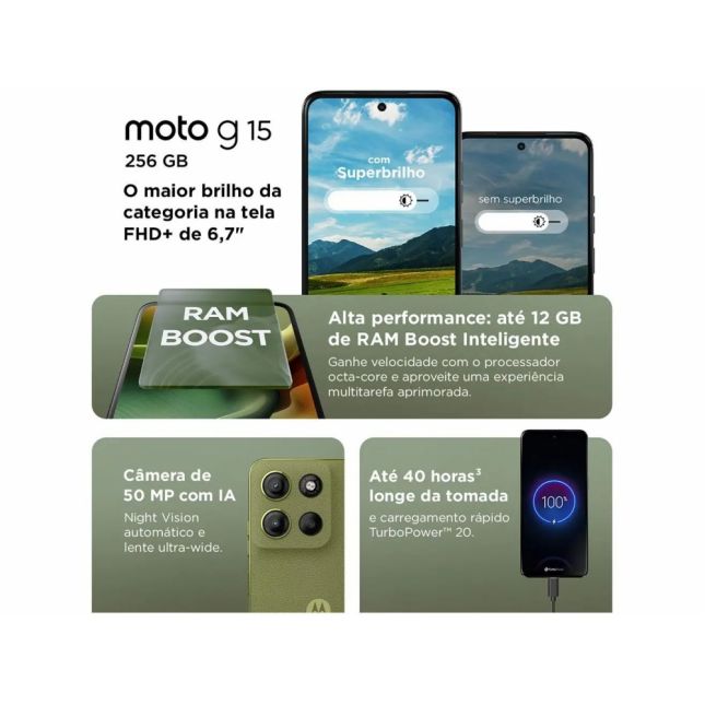Smartphone Motorola Moto G15 Verde 256/4+8GB Tela 6.7