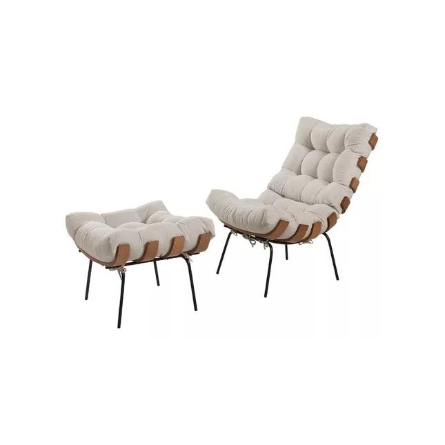 Poltrona + Puff Costela Linho Bege 1053 House Deccor 