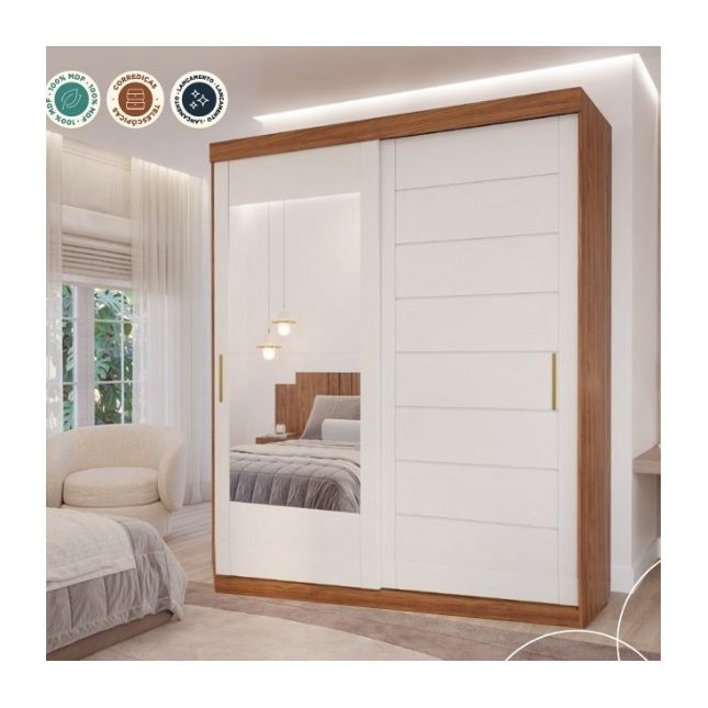 Guarda Roupa Flora 2,02m 2 portas de correr c/ espelho MDF Cinamomo / Off White Panan