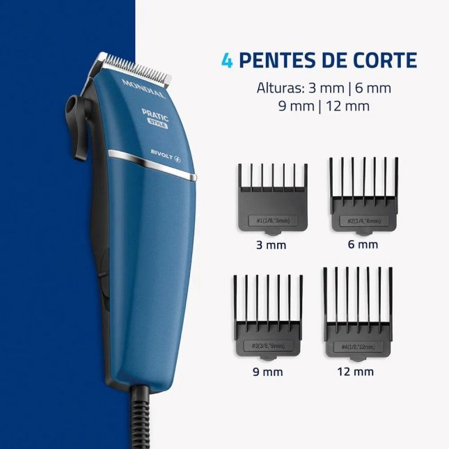 Máquina de Cortar Cabelo Mondial Pratic Style CR-10 Azul/Preto 9W 110V