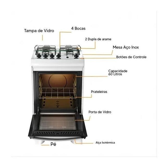 Fogão 4 Bocas Dako Supreme a Gás Automático Branco Mesa Inox