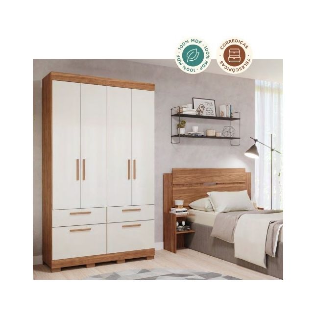 Guarda Roupas Porto 1,28m 5 Portas 3 Gavetas Cinamomo/Off White Panan