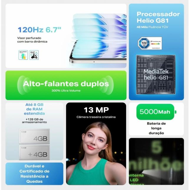 Smartphone Infinix Smart 9 Metalic Black Desing Premium 128/4+4GB  Tela 120Hz Cam dupla 13MP