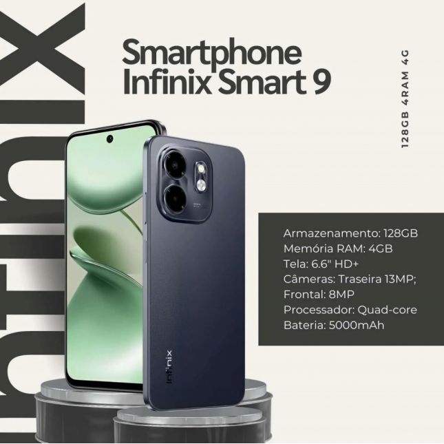 Smartphone Infinix Smart 9 Metalic Black Desing Premium 128/4+4GB  Tela 120Hz Cam dupla 13MP
