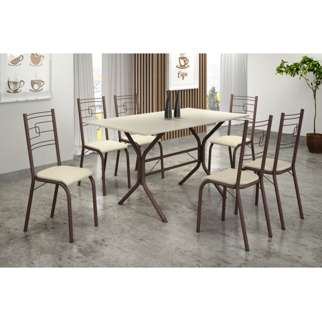 Mesa Cabo Frio 1.40x75cm c/ 6 cadeiras Paraty tampo Ardósia Marrom/Off White Teixeira