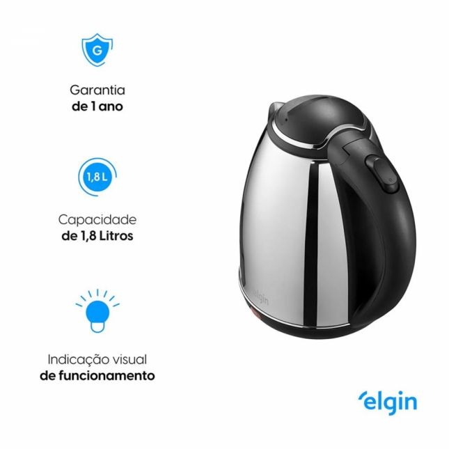 Chaleira Inox 1,8L - Jarra Sem Fio Desligamento Automático 1.200W 110V