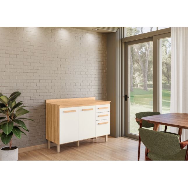 Armário Balcão Intenza 1,20m 3 portas Freijo/Off White Cristal Nicioli