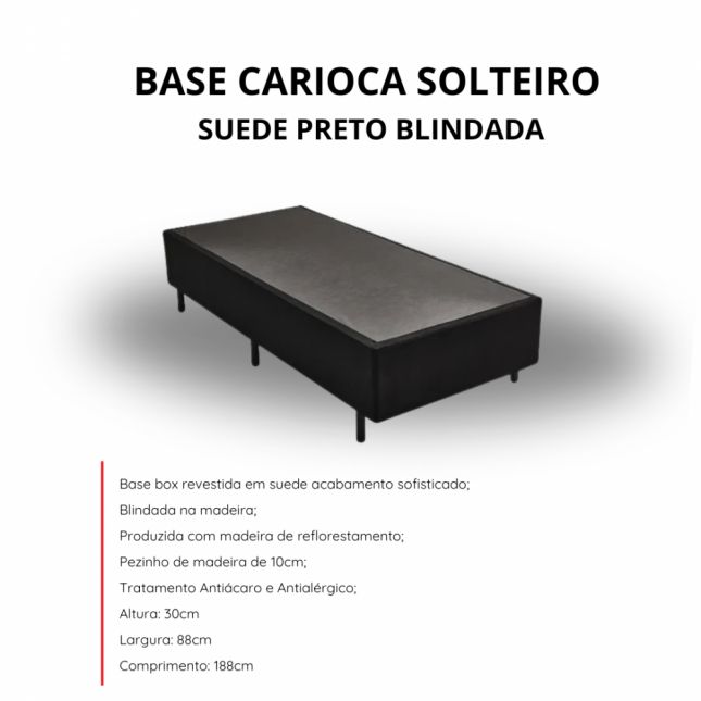 Base Box Solteiro Carioca Blindada 88X188X30 Suede Preto Bioflex