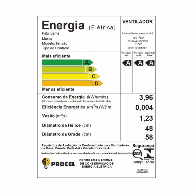 Ventilador Coluna Britânia 58cm BVT550 Maxx Force 175W 127V 